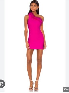superdown One-Shoulder Feather Trim Mini Dress in Hot Pink